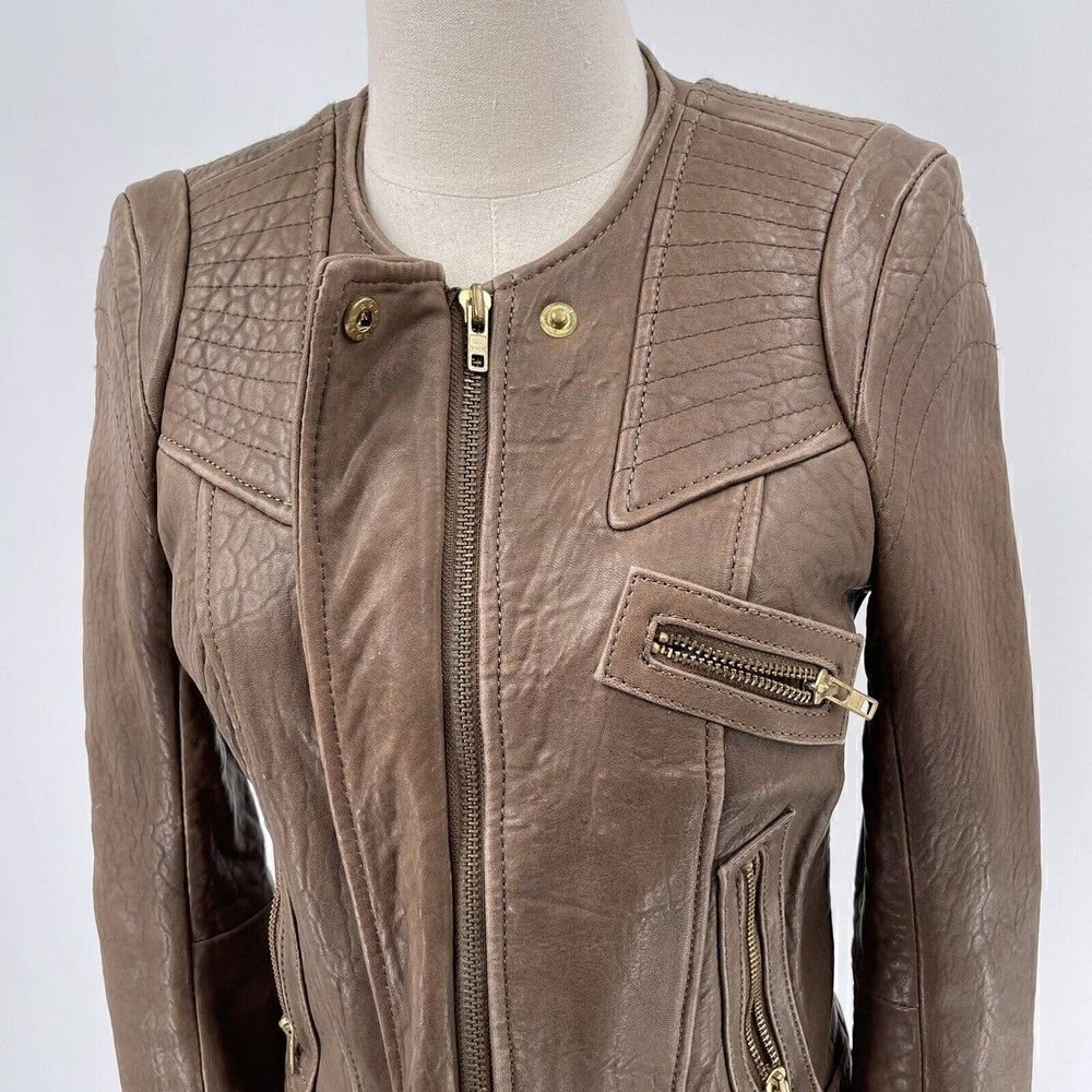 Hoss Intropia Designer LAMB LEATHER brown biker jacket EU 36 bomber - Picture 8 of 10